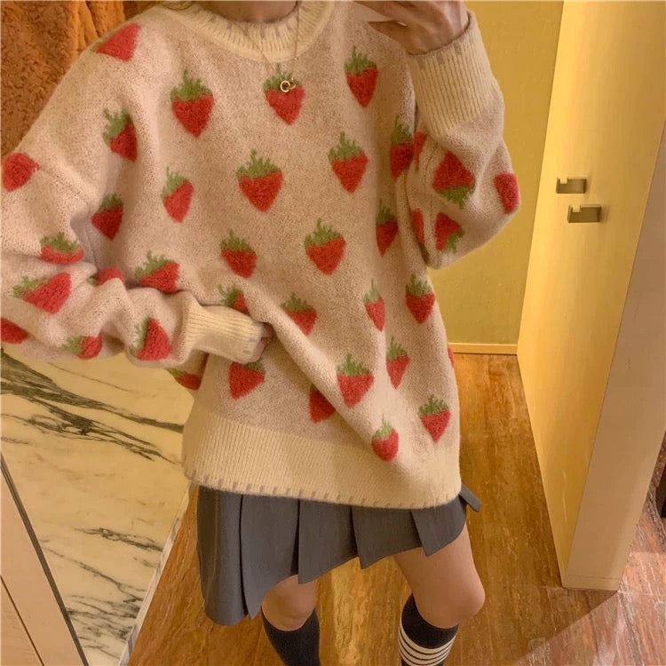 New, loose, sweet, girl strawberry pullover, lazy, vintage, heavy knitted sweater  1438