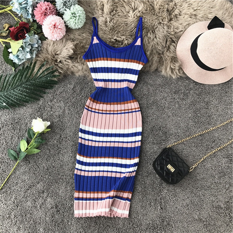 Hip Wrap color stripe suspender knit dress  3278