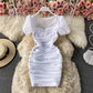 French square neck bubble sleeve mesh Pleated Dress  2787