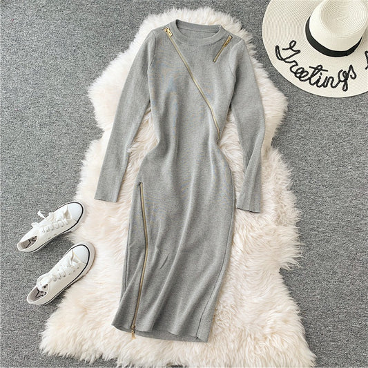 Round neck knitted dress with buttocks and bottomed wool skirt  3133