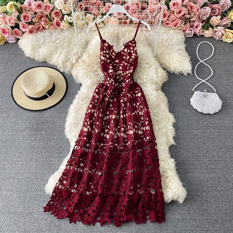 Sling one shoulder hollowed out water-soluble lace dress  2801
