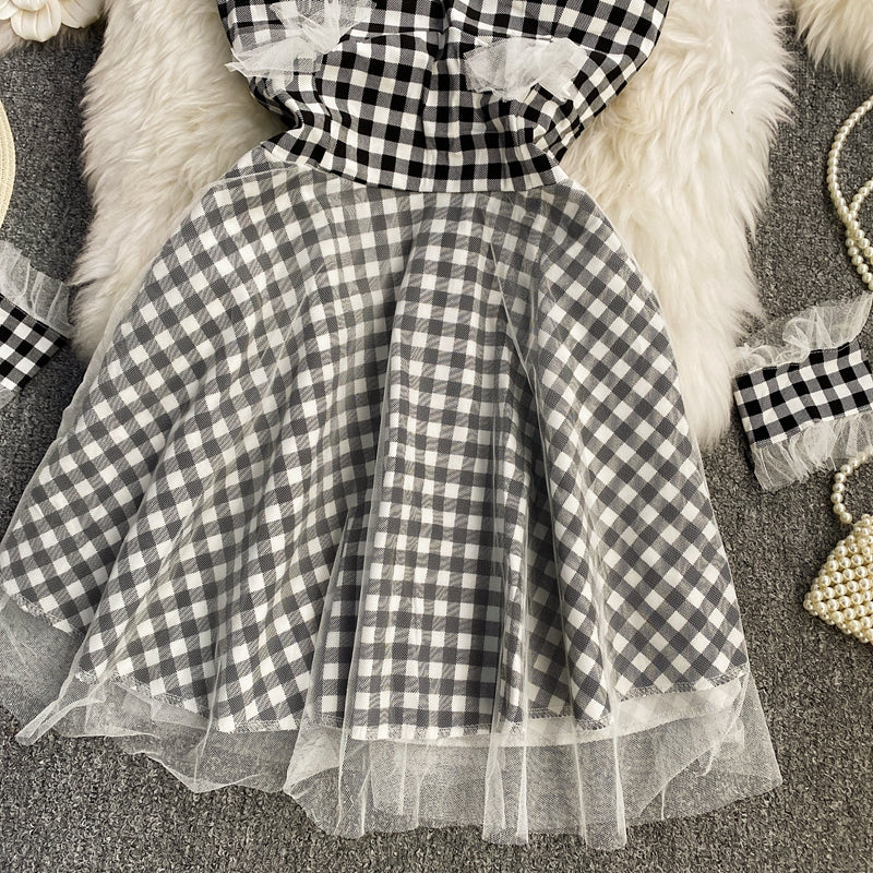 Strapless Plaid Dress waist A-line short skirt  3413