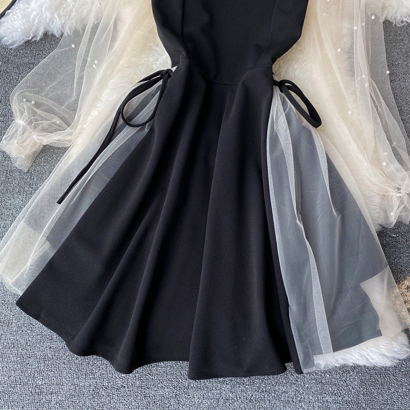 Low cut stitched mesh Beaded A-line skirt  2726