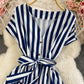 Celebrity temperament V-neck stripe lace up waist dress  2962
