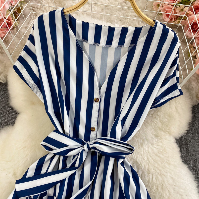 Celebrity temperament V-neck stripe lace up waist dress  2962