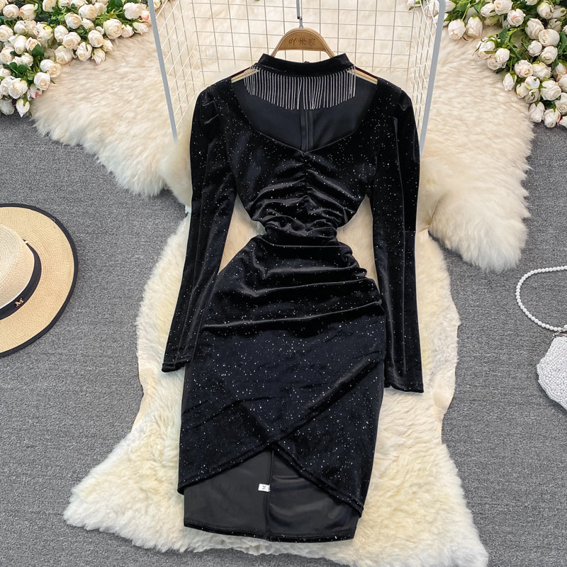 Celebrity temperament V-neck hanging neck tassel wrap hip dress  3391