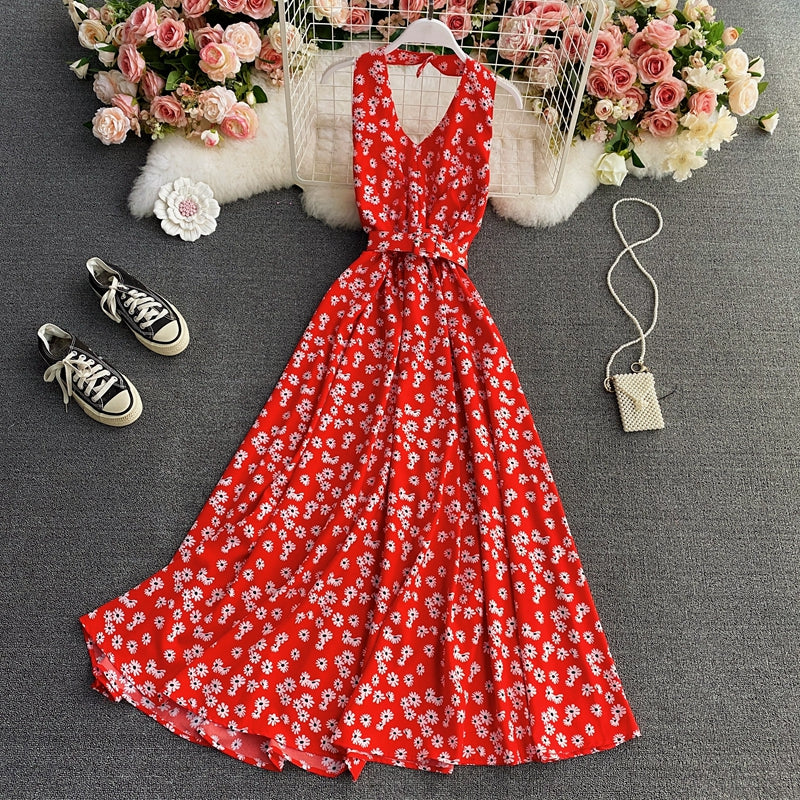 Chiffon-Kleid mit Blumenrock und V-Ausschnitt 3414