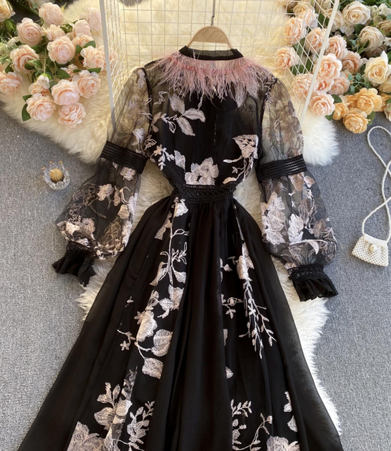 Unique A line embroidery dress black dress  1308