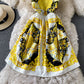 Bow tie strap suspender skirt sweet print age reduction dress  3302