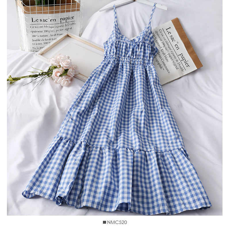 Plaid small Qingxin loose tight waist thin medium length dress  2682