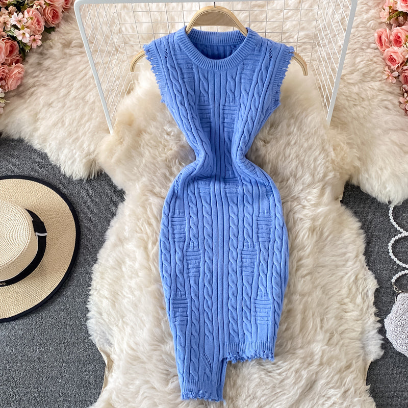 Irregular sleeveless vest knitted dress  2712