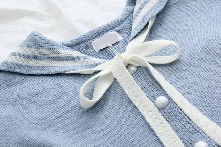 Langarmpullover mit marineblauem Kragen, Strickjacke mit Schleife für Studenten 1414