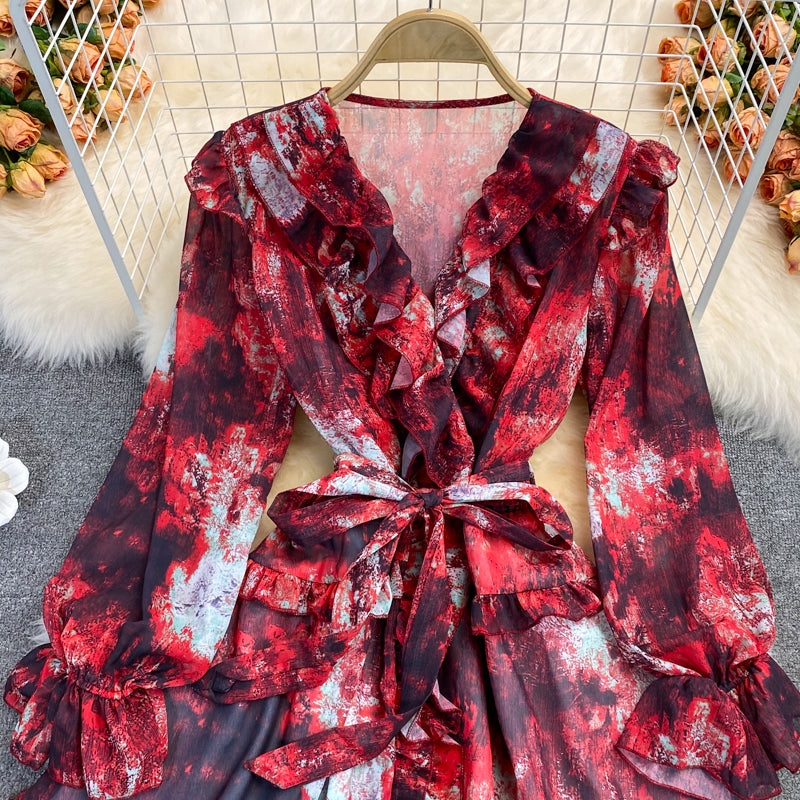 V-neck ruffled Floral Chiffon Dress  2854