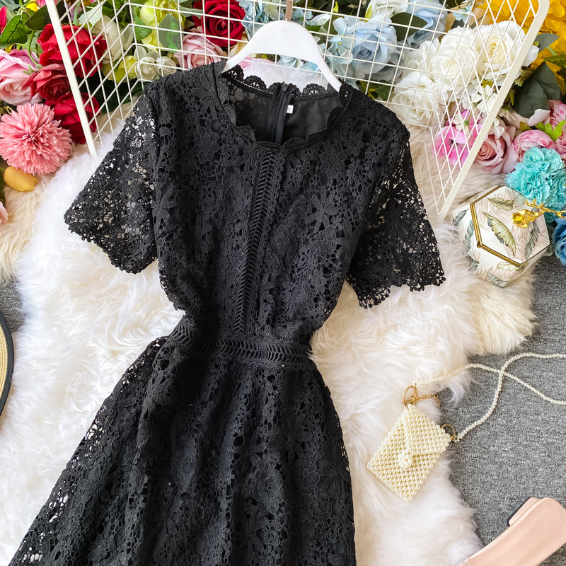 New over knee white lace dress sweet fairy skirt short sleeve long skirt  3136