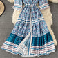 Einreihiges Kleid mit V-Ausschnitt, großer Blumenrock, langer Rock 2969