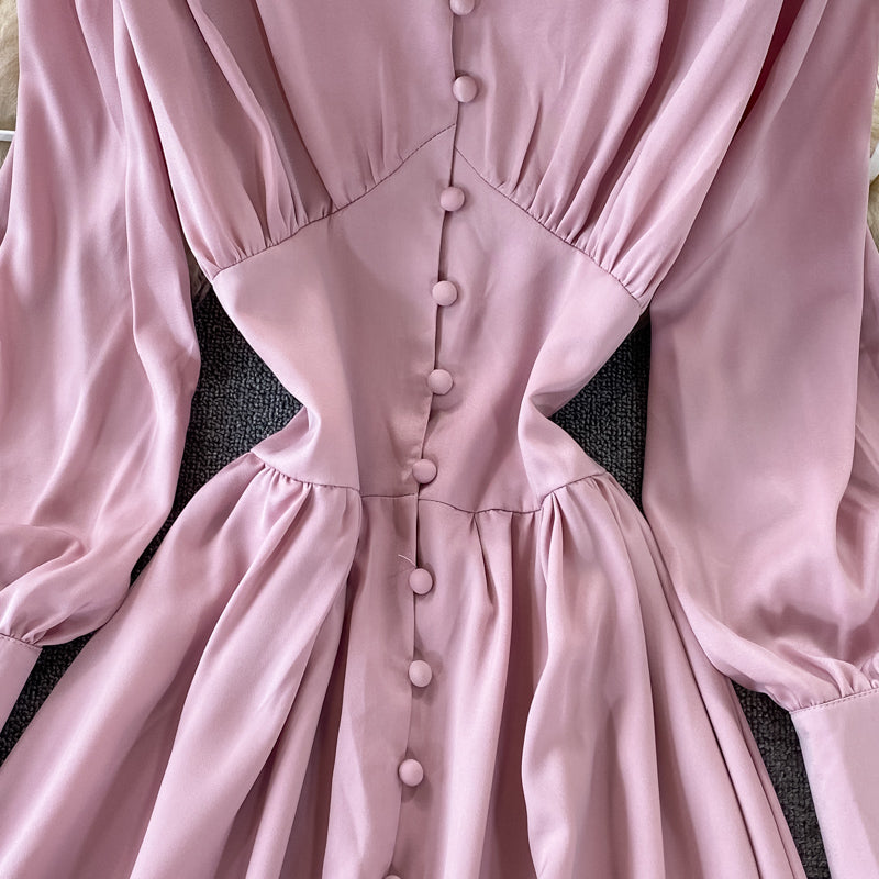 Single breasted waistband slim bubble sleeve dress long skirt  3334