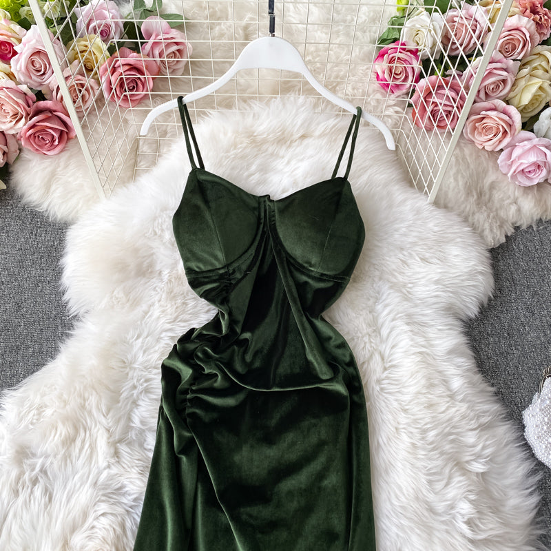 Vintage Hepburn velvet dress split Strapless suspender dress  3142