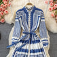 Gentle print lace up Lapel single breasted dress  3368