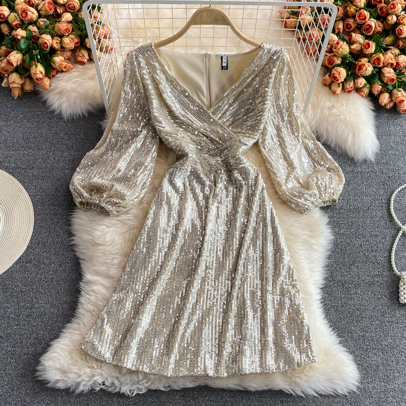 Celebrity light luxury Sequin short high-end V-neck dress  3068
