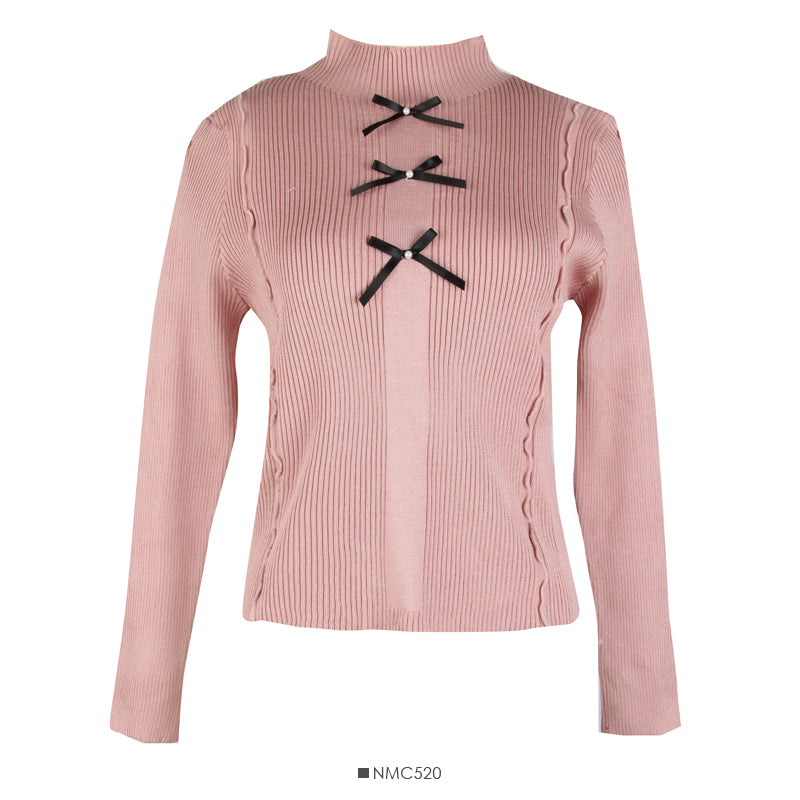 Korean bow decorative nail bead half high neck sweater for women  2053