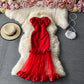 Sexy Strapless exposed shoulder bag hip fishtail dress gauze mesh stitching  3033