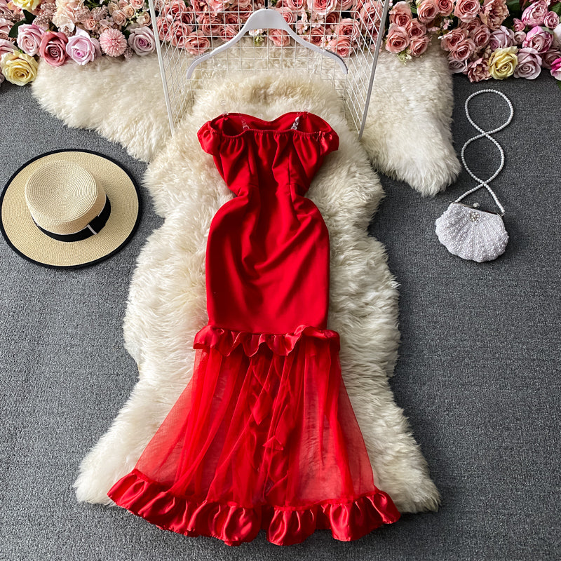 Sexy Strapless exposed shoulder bag hip fishtail dress gauze mesh stitching  3033