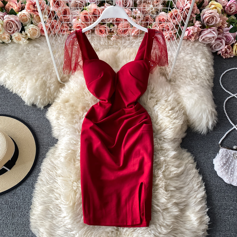 Sexy, rückenfreies, plissiertes, schmales Wickel-Hüftrock-Mode-Split-Kleid 3284