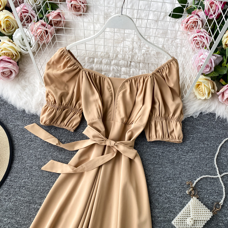 French retro square neck bubble Short Sleeve Dress  2877