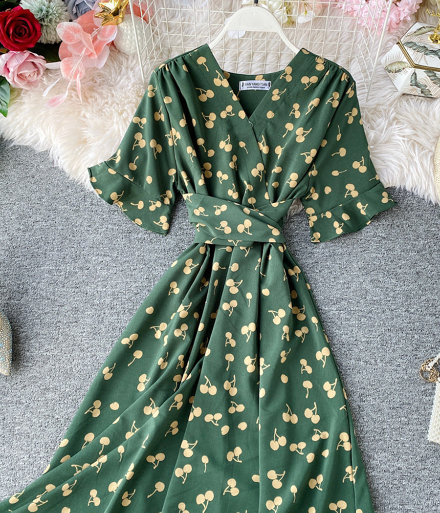 Cute v neck cherry dress summer dress  1282