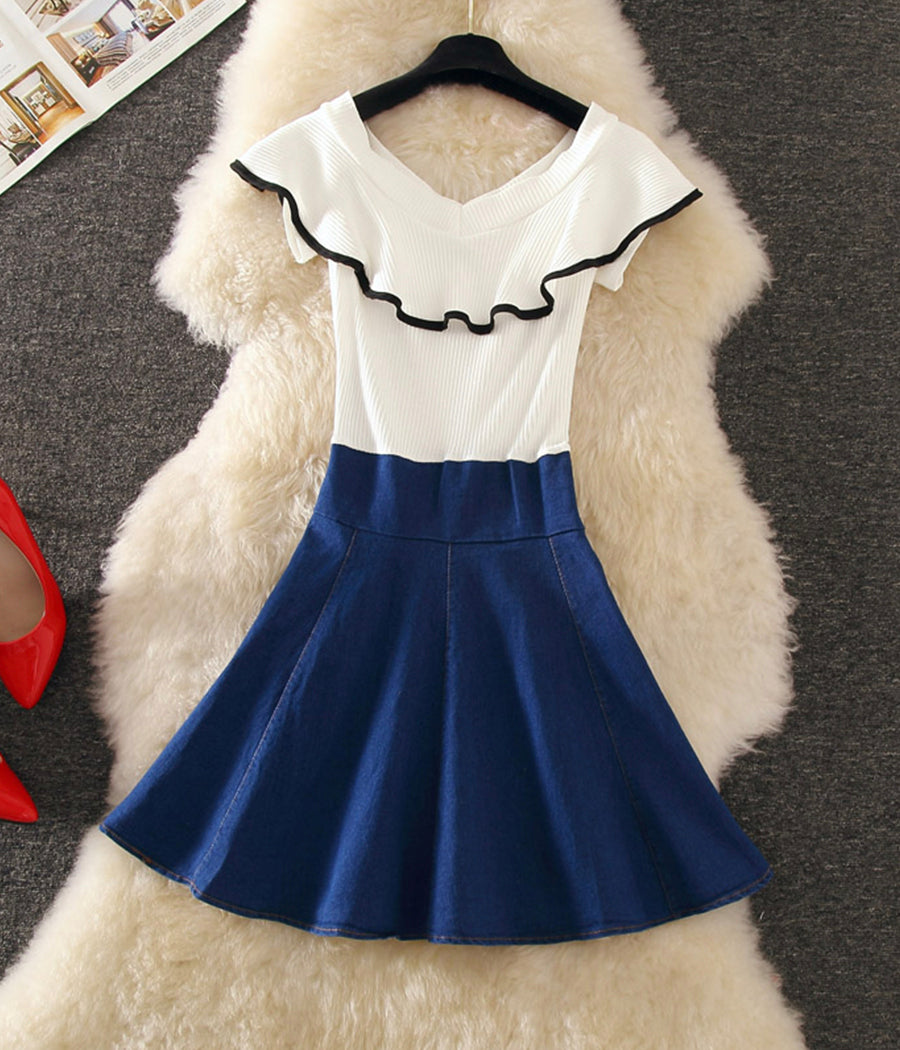 Cute v neck denim stitching dress summer dress  1251