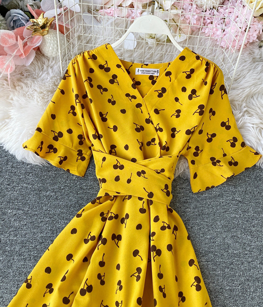 Cute v neck cherry dress summer dress  1282