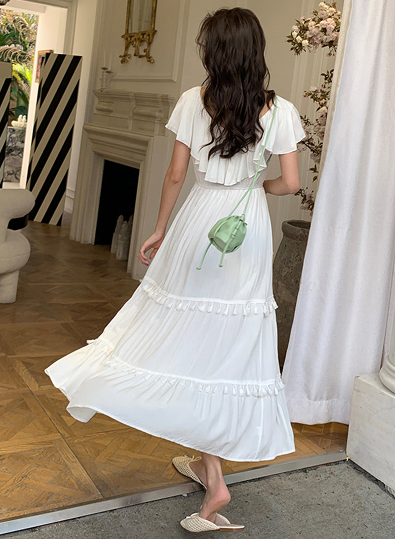 Weißes Kleid mit V-Ausschnitt und Fransen, Mode-Mädchenkleid 1212