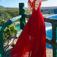 Red v neck chiffon lace long dress  1214