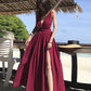Burgundy v neck long dress summer dress  1217