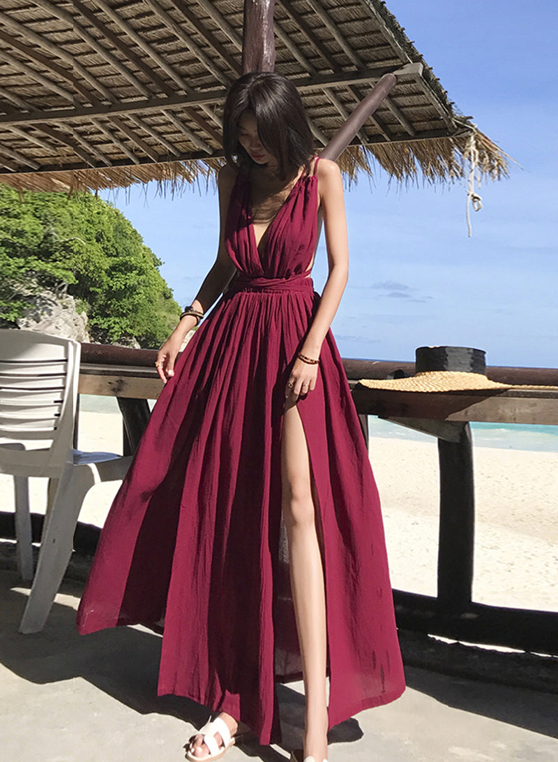 Burgundy v neck long dress summer dress  1217