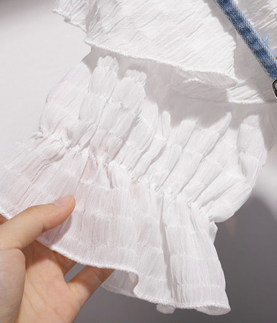 Cute white ruffled top + strap denim skirt  1278