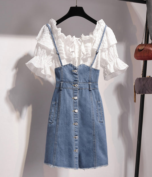 Cute white ruffled top + strap denim skirt  1278