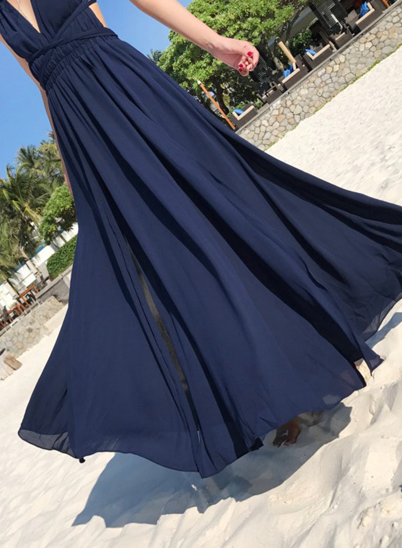 Simple V neck chiffon long dress blue dress  1218
