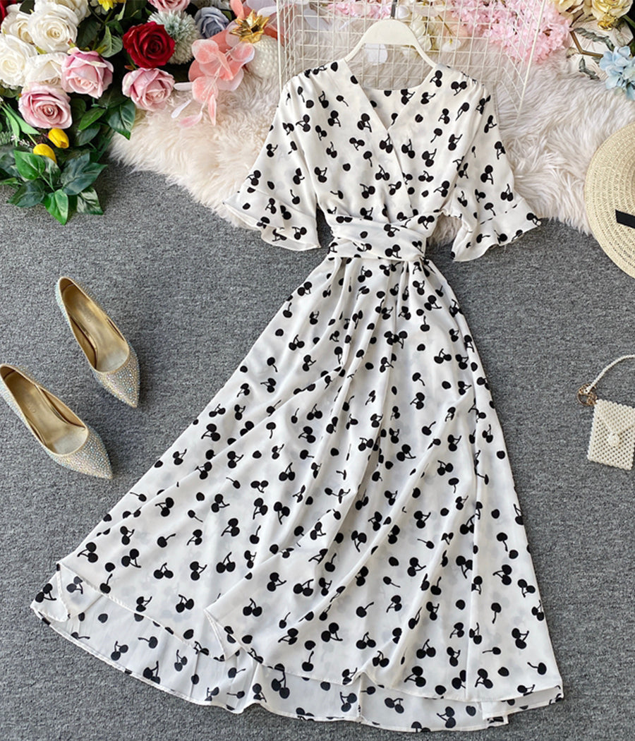 Cute v neck cherry dress summer dress  1282