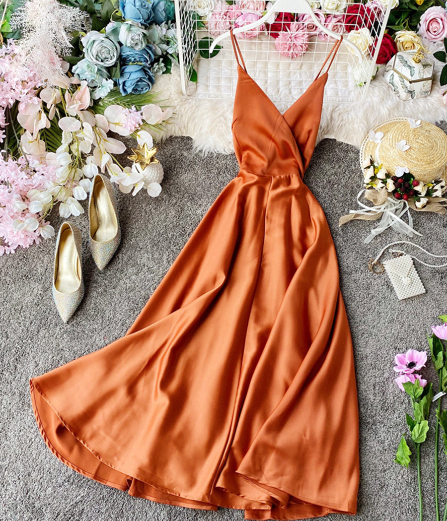 Simple v neck backless dress summer dress  1233