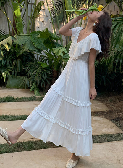 Weißes Kleid mit V-Ausschnitt und Fransen, Mode-Mädchenkleid 1212