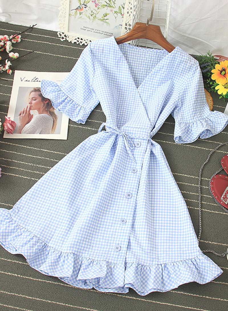 Retro v neck plaid dress women's dress  1202