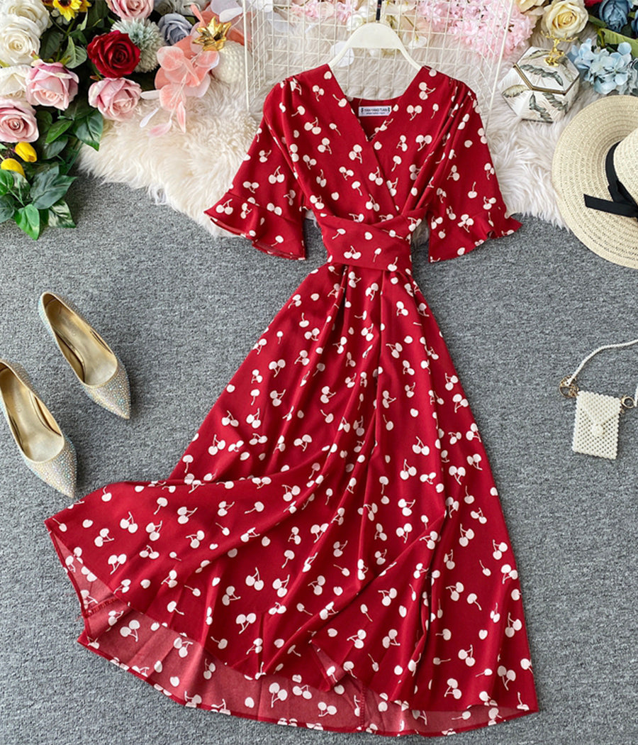 Cute v neck cherry dress summer dress  1282