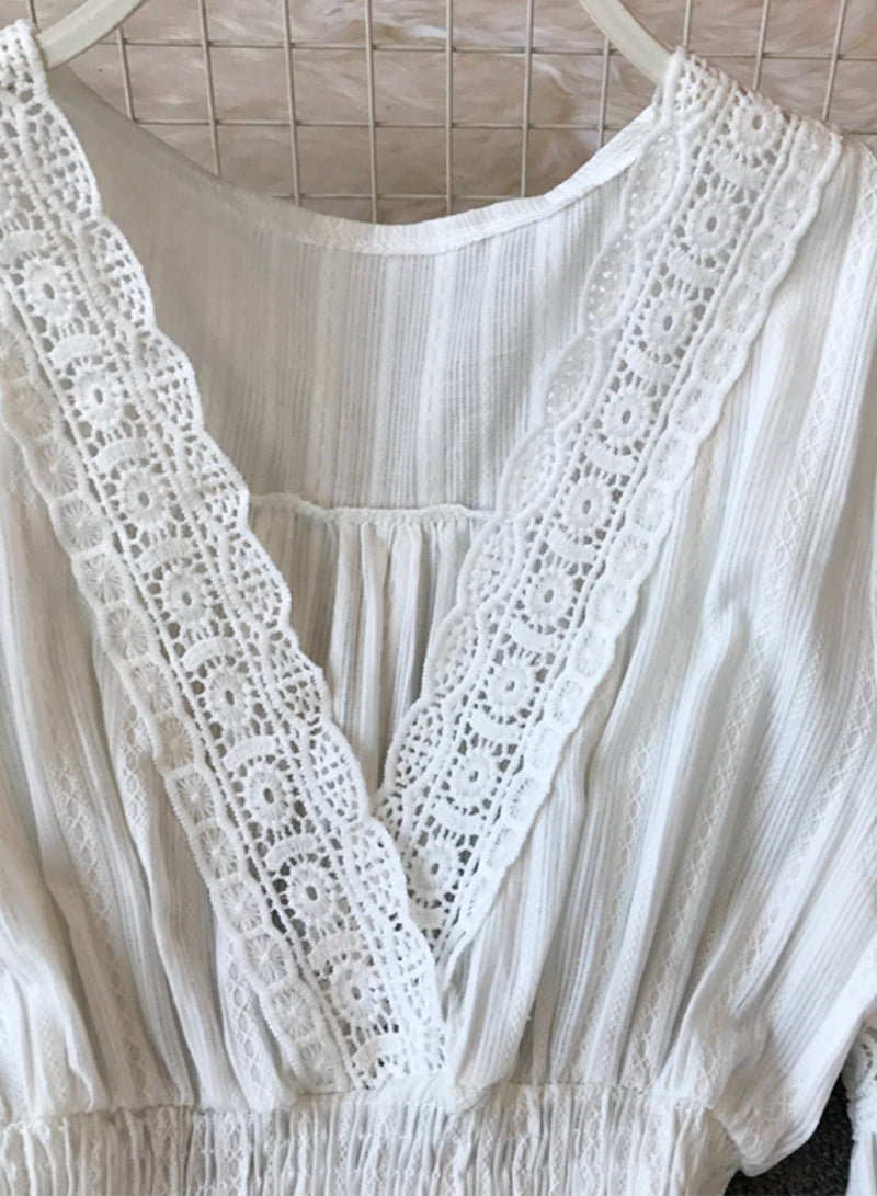 A line white hollow lace dress summer dress  1206