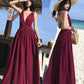 Burgundy v neck long dress summer dress  1217
