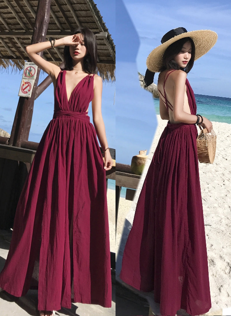 Burgundy v neck long dress summer dress  1217