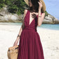 Burgundy v neck long dress summer dress  1217