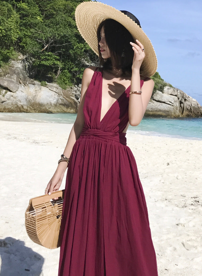 Burgundy v neck long dress summer dress  1217