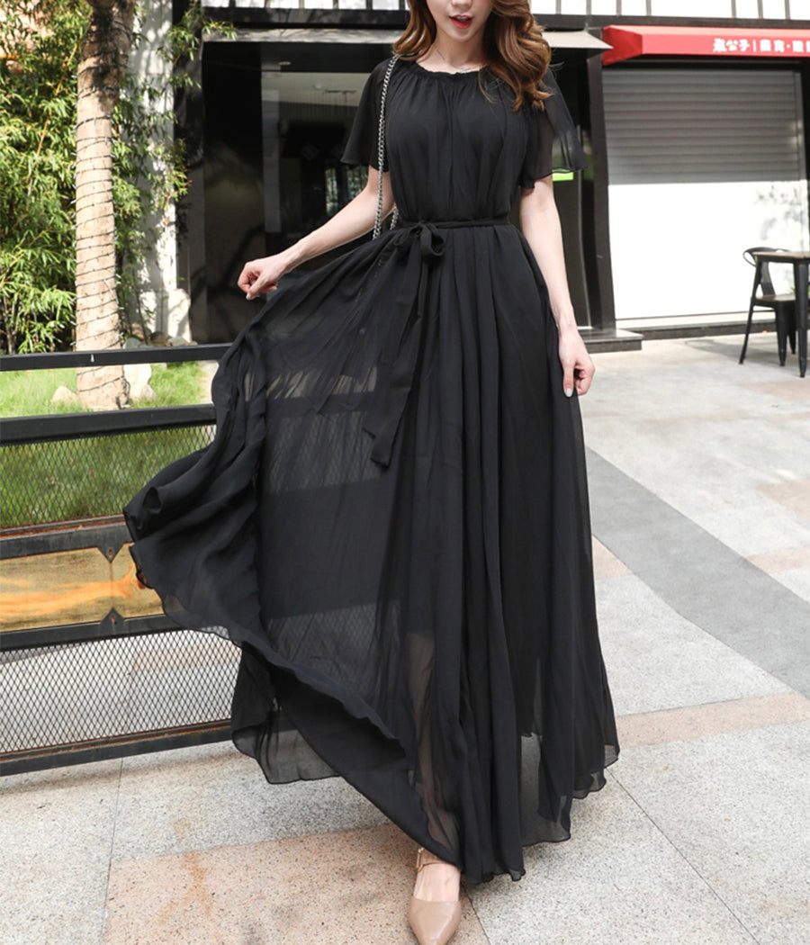 Black chiffon long dress women's dress  1191
