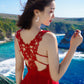 Red v neck chiffon lace long dress  1214